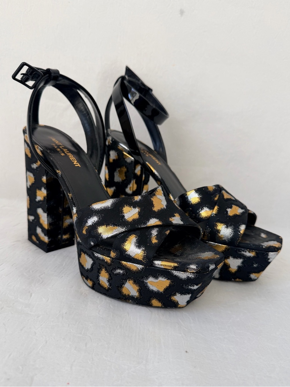 Auth Saint Laurent Farrah Jacquard Leopard Platform Sandals